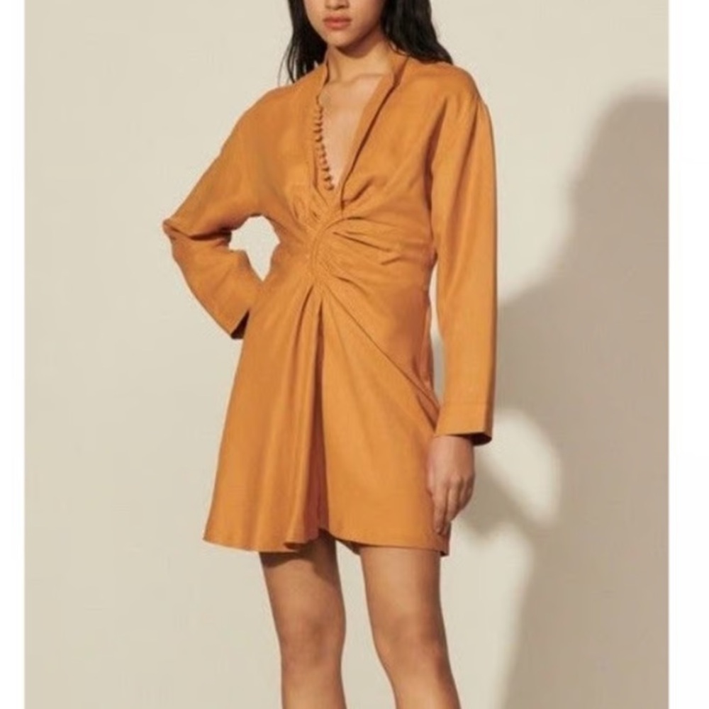 Sandro Twist-Front Mini Dress in Mustard Orange